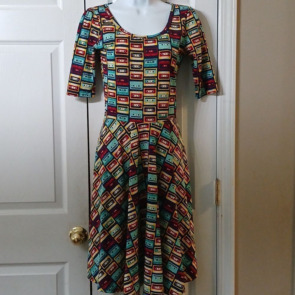 Lularoe cassette tape vintage look 80's fit flare flirty retro dress Sz XS NWOT
